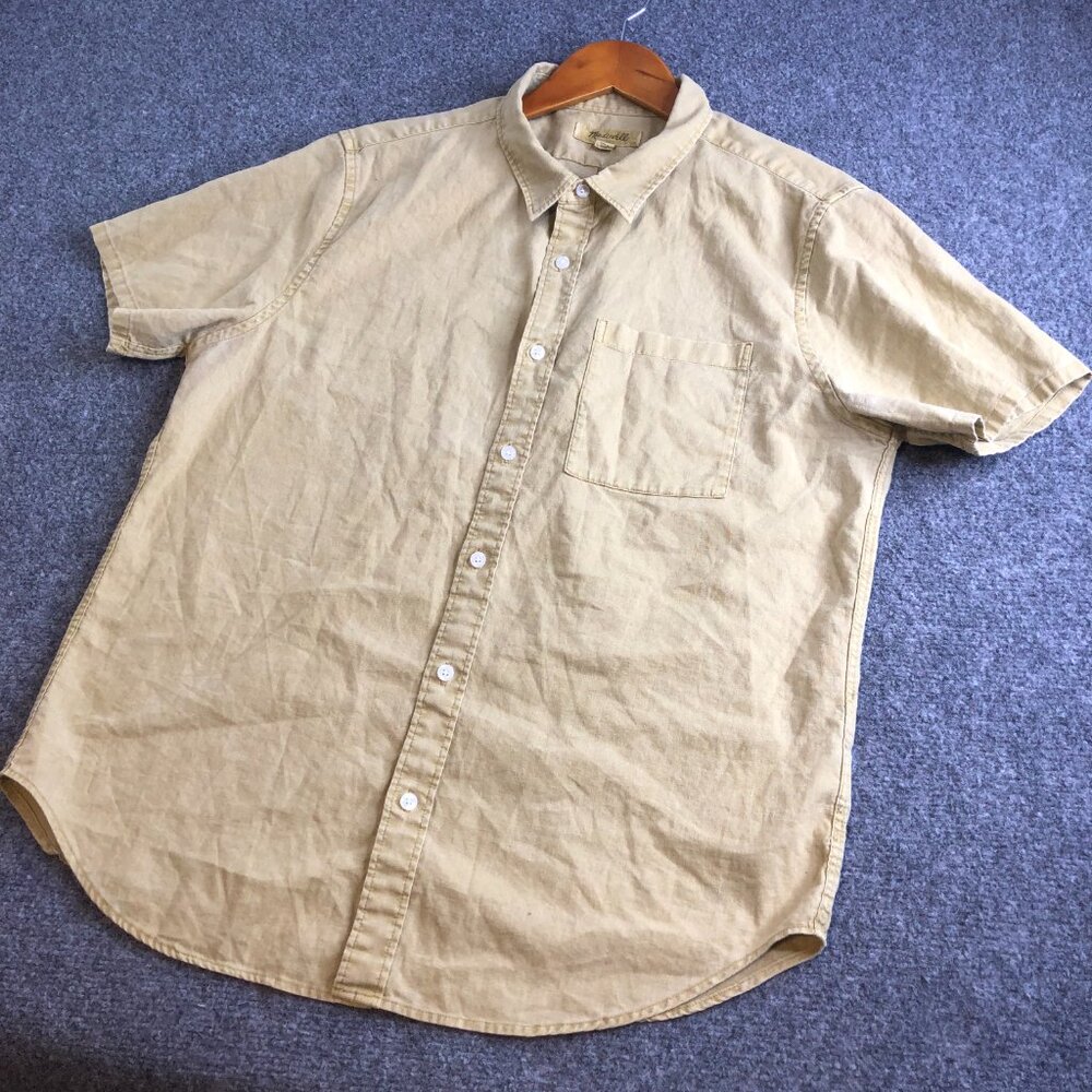 Madewell Shirt Mens Large Oatmeal Brown Linen Blend Short Sleeve Button - Picture 3 of 8
